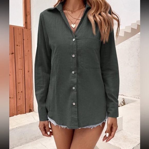 GRAY BUTTON DOWN LONG SLEEVE TOP - Picture 2 of 6